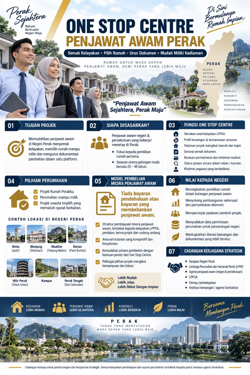 Poster konsep One Stop Centre Penjawat Awam Perak yang dibekalkan oleh klien